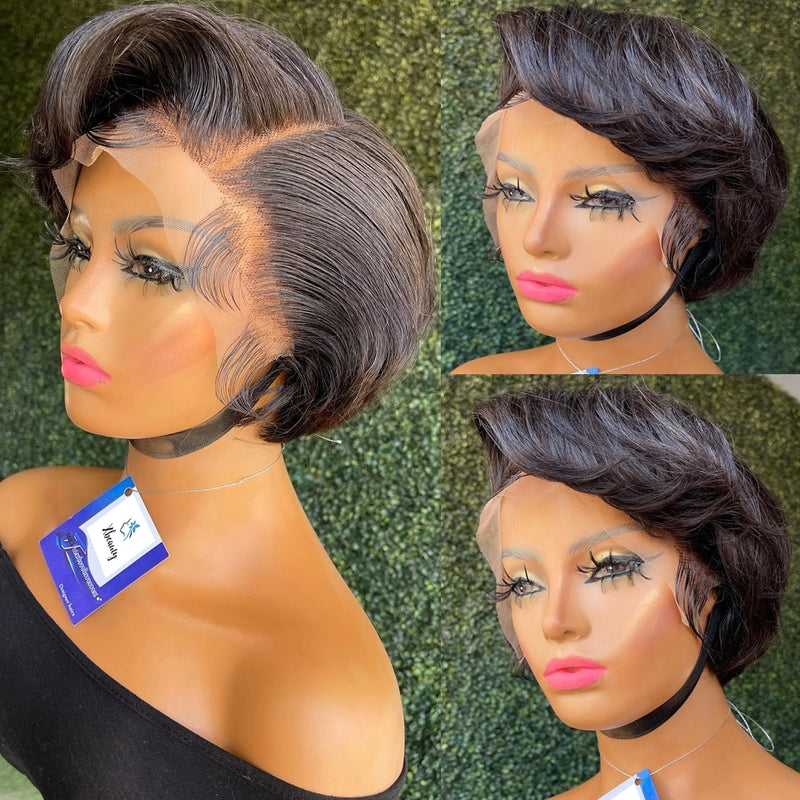 Short Bob, Pixie Cut Wig, Straight Transparent Lace Front Human Hair Wig for Women & Girls, Preplucked Brazilian Hair