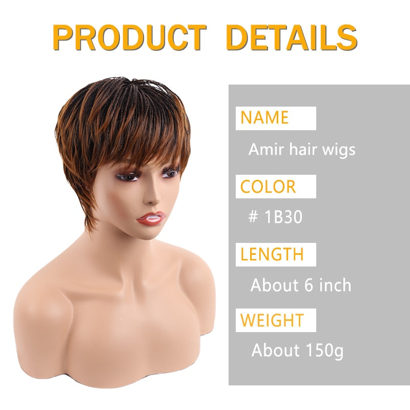 Short Box Braided Wigs for Women and Girls - Synthetic Straight Hair Wigs With Natural Bangs - Black/Brown Braiding, Natural Looking Wig