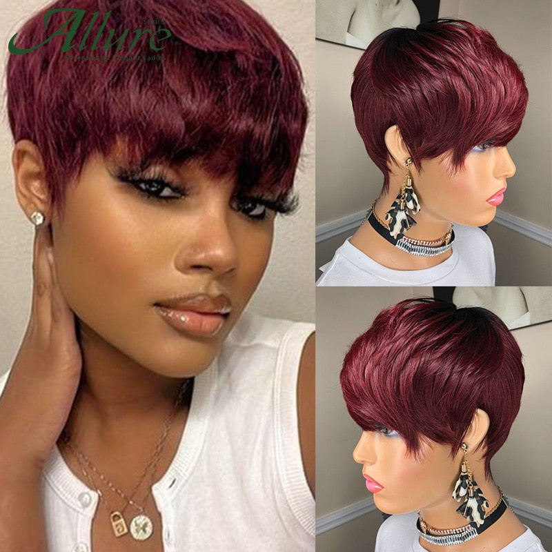Natural Short Bob, Pixie Cut Wigs, For Women & Girls - Straight Colored Human Hair With Bangs, Glueless Natural Brazilian Hair