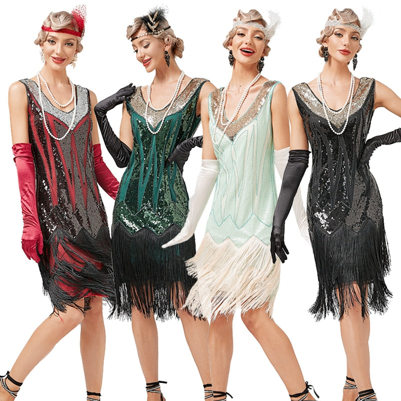1920s Vintage Dress Beaded Sequined Flapper Dresses - Women's Vintage Dress, V Neck with Beads & Fringed Tassels
