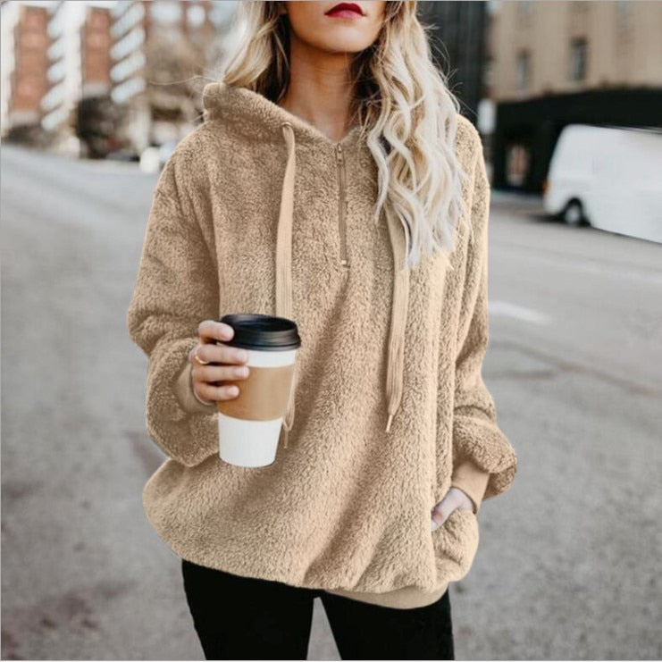Hooded Fleece Sweatshirt for Women and Girls, Loose Warm Pullover, With Zipper