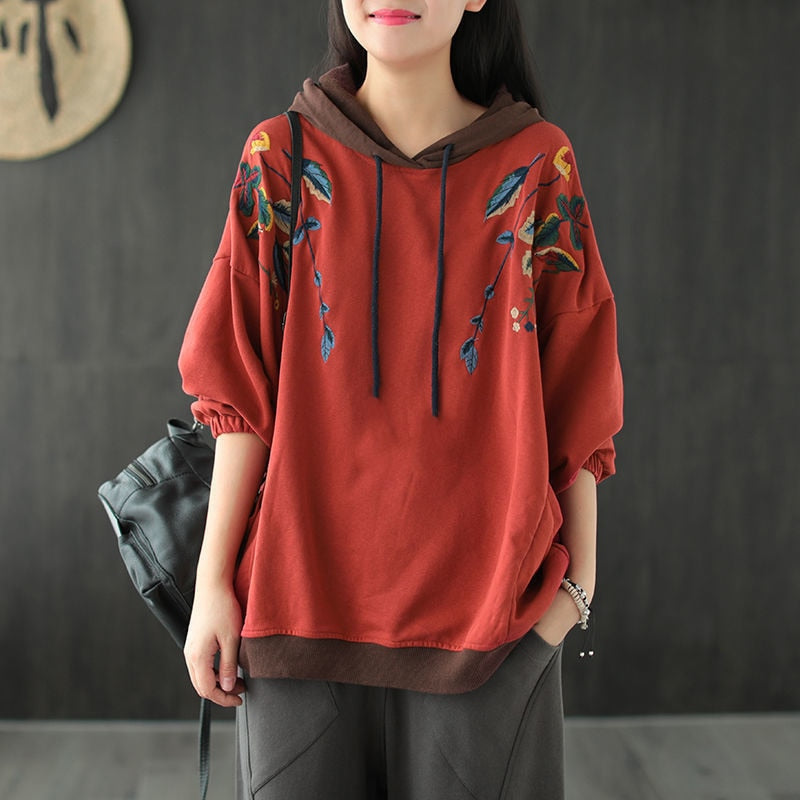 Women's Oversized Hoodie, Embroidered, With Long Batwing Sleeves
