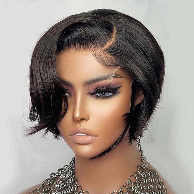 Short Bob, Pixie Cut Wig, Straight Transparent Lace Front Human Hair Wig for Women & Girls, Preplucked Brazilian Hair
