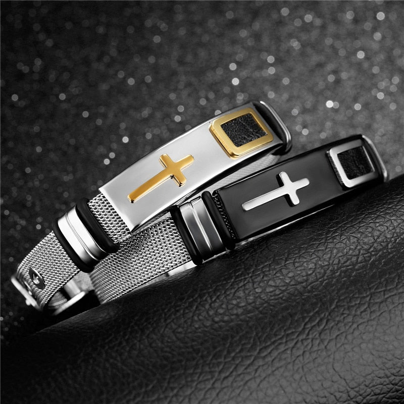 Genuine Leather or Stainless Steel Charm Bracelet/Bangle for Men and Boys With Stainless Steel Accents