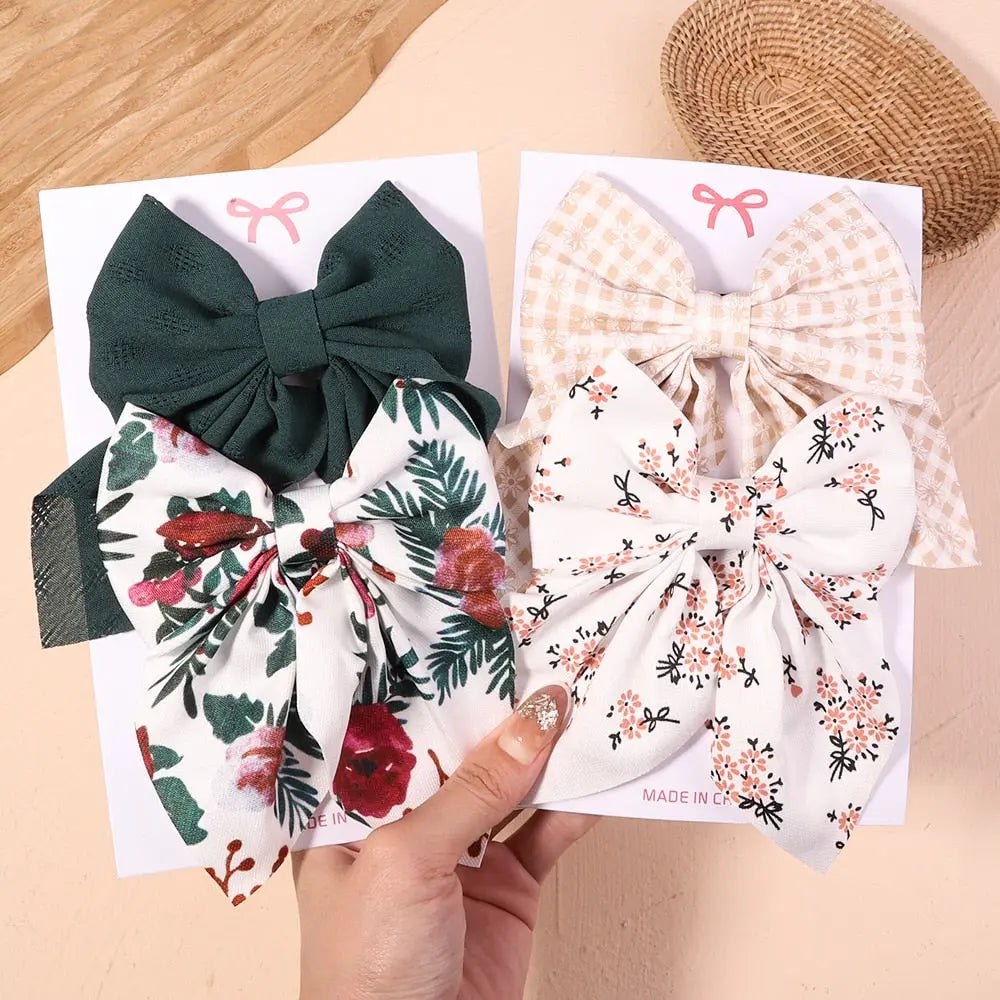 Cute Multi-Patterned and Solid Color Hair Bows/Clips for Girls in a 2 Piece Set