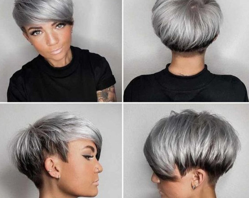 Silver Grey Short Pixie Cut - Straight Human Hair Wig For Women and Girls, Brazilian Remy Hair, Glueless