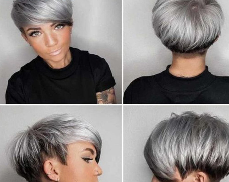 Silver Grey Short Pixie Cut - Straight Human Hair Wig For Women and Girls, Brazilian Remy Hair, Glueless