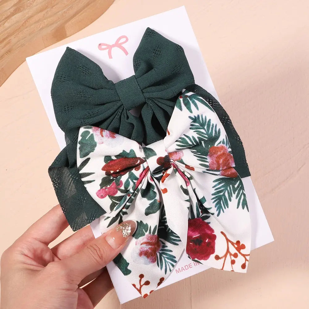 Cute Multi-Patterned and Solid Color Hair Bows/Clips for Girls in a 2 Piece Set