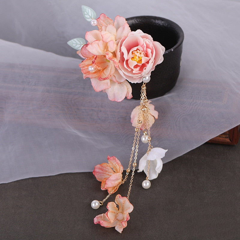 Silk Flower Hairpins/Clips - Fairy Floral Hair Pins/Barrettes for Women Girls, Retro Chinese Pendant Jewelry