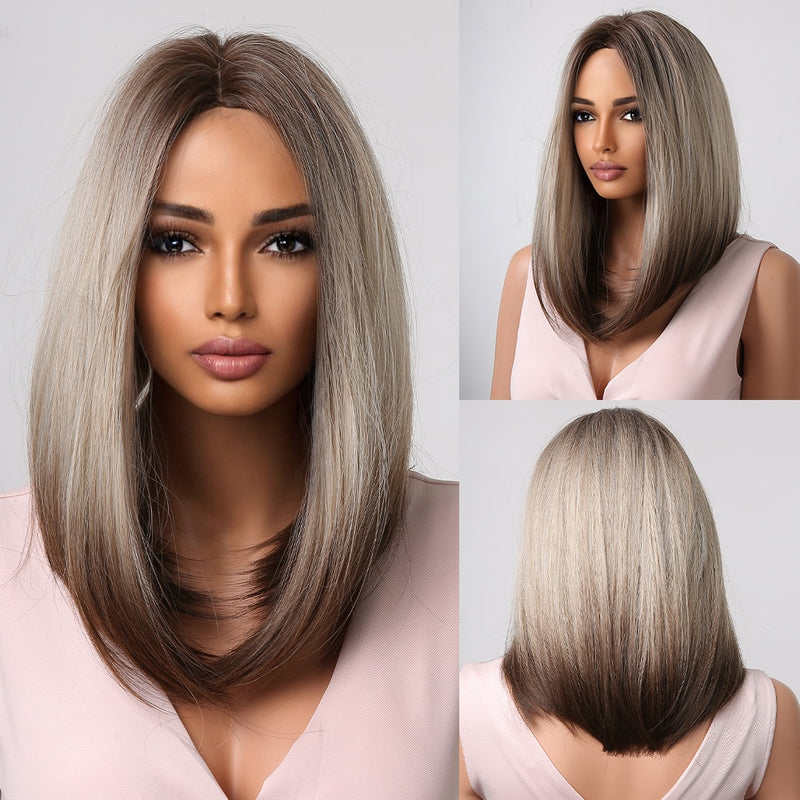 Short Straight Synthetic Wigs for Women & Girls - Blonde to Brown Ombre Bob Wigs with Bangs, Heat Resistant