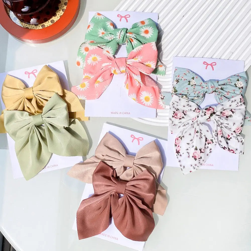 Cute Multi-Patterned and Solid Color Hair Bows/Clips for Girls in a 2 Piece Set