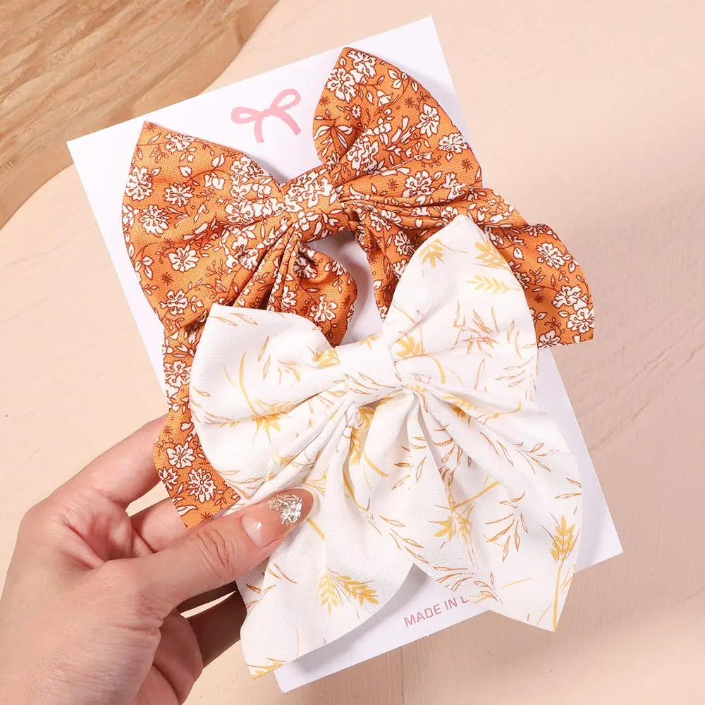 Cute Multi-Patterned and Solid Color Hair Bows/Clips for Girls in a 2 Piece Set