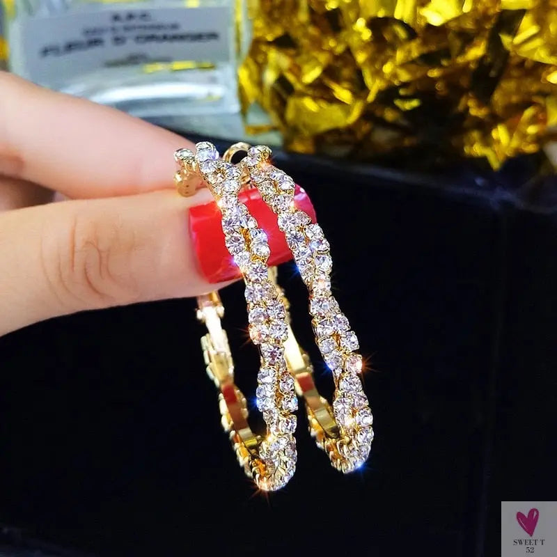 Shiny Round Crystal Hoop (Screw-in Closure) Fashion Earrings for Women and Girls in Gold and Rhinestones