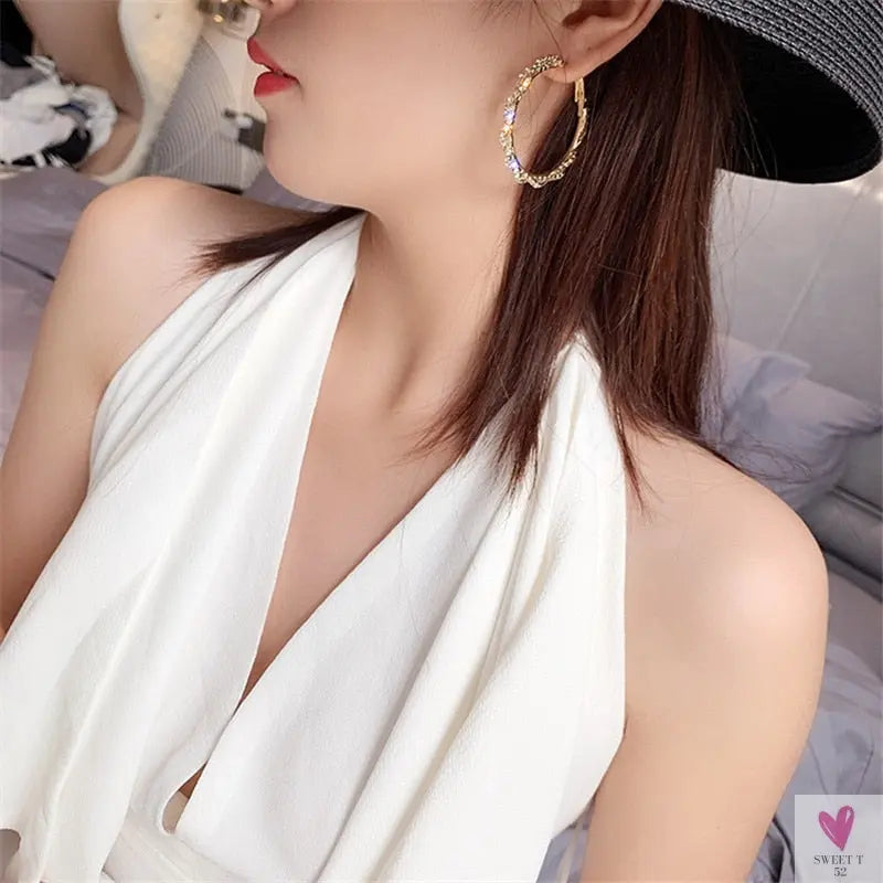 Shiny Round Crystal Hoop (Screw-in Closure) Fashion Earrings for Women and Girls in Gold and Rhinestones