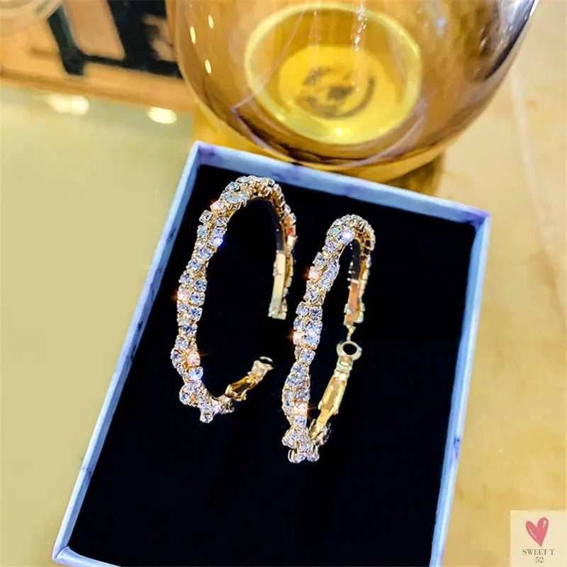 Shiny Round Crystal Hoop (Screw-in Closure) Fashion Earrings for Women and Girls in Gold and Rhinestones