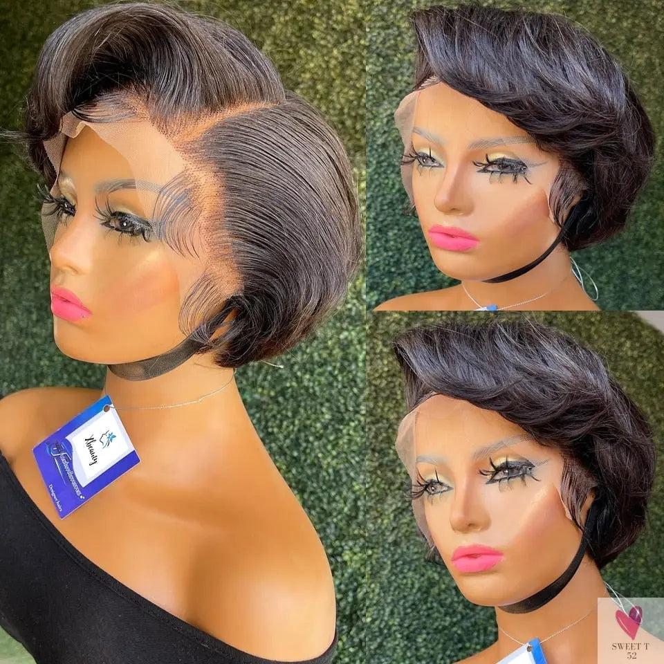 Short Bob, Pixie Cut Wig, Straight Transparent Lace Front Human Hair Wig for Women & Girls, Preplucked Brazilian Hair