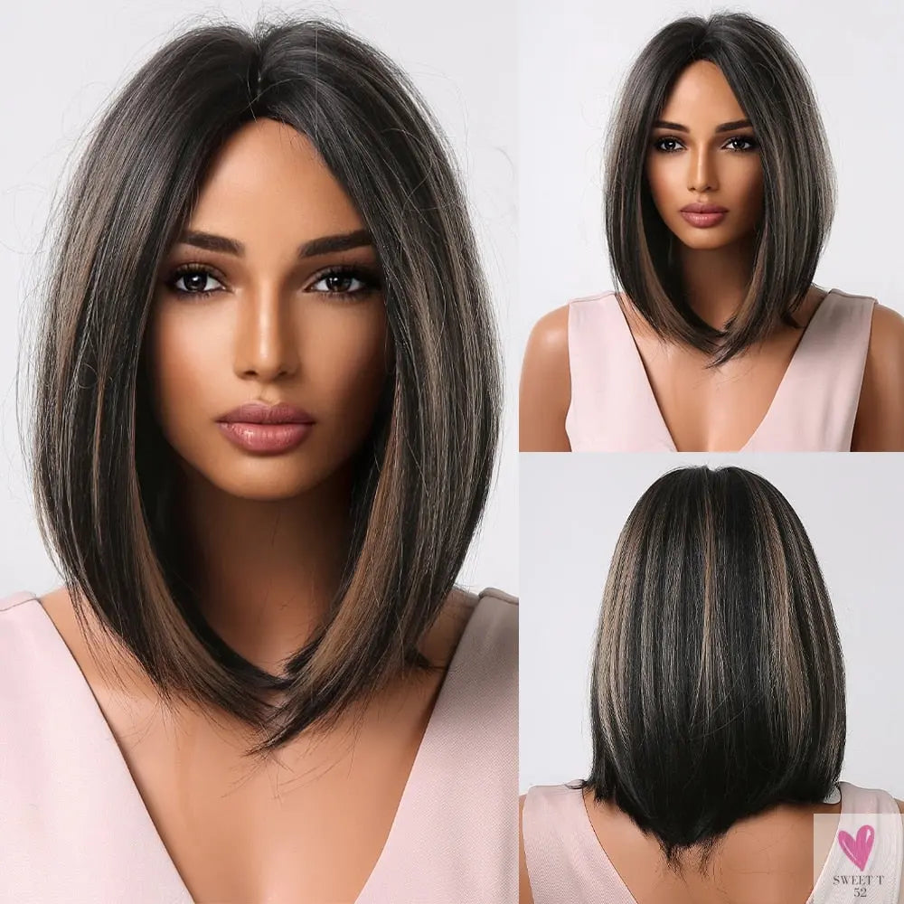 Short Straight Synthetic Wigs for Women & Girls - Blonde to Brown Ombre Bob Wigs with Bangs, Heat Resistant