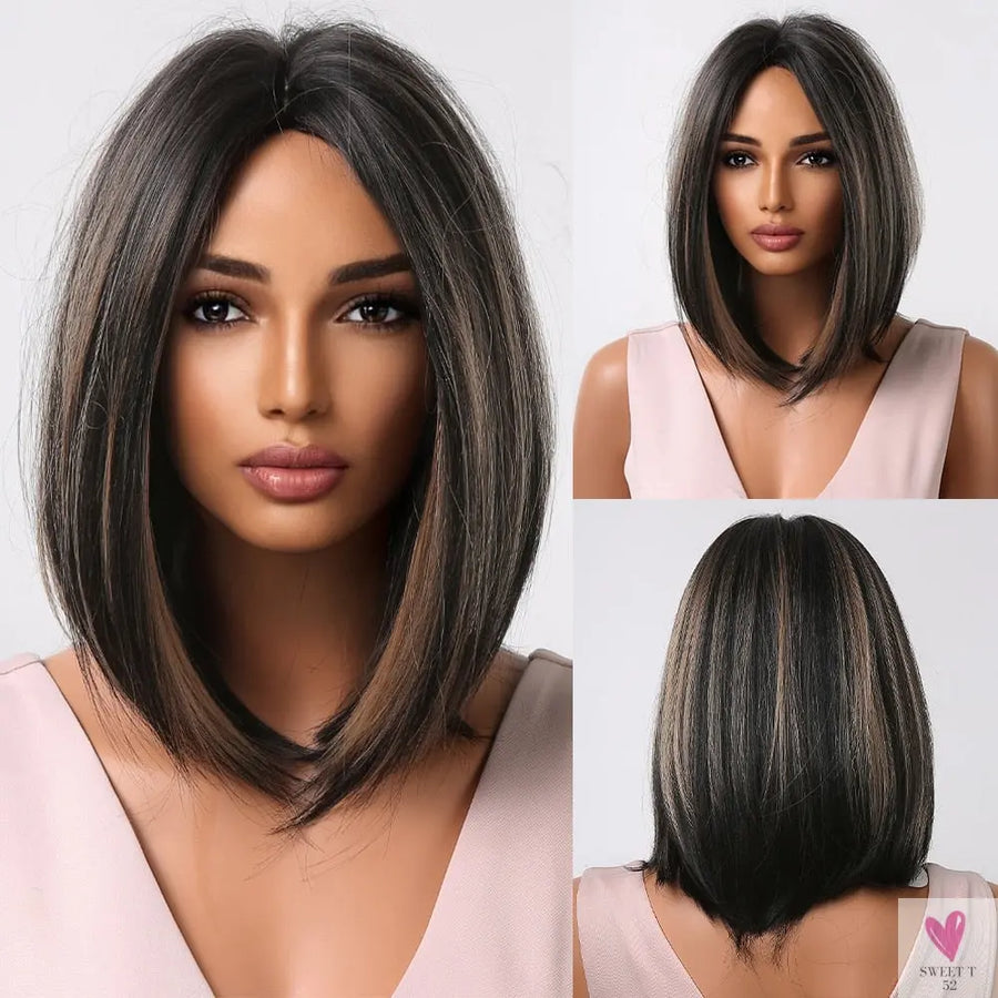 Short Straight Synthetic Wigs for Women & Girls - Blonde to Brown Ombre Bob Wigs with Bangs, Heat Resistant