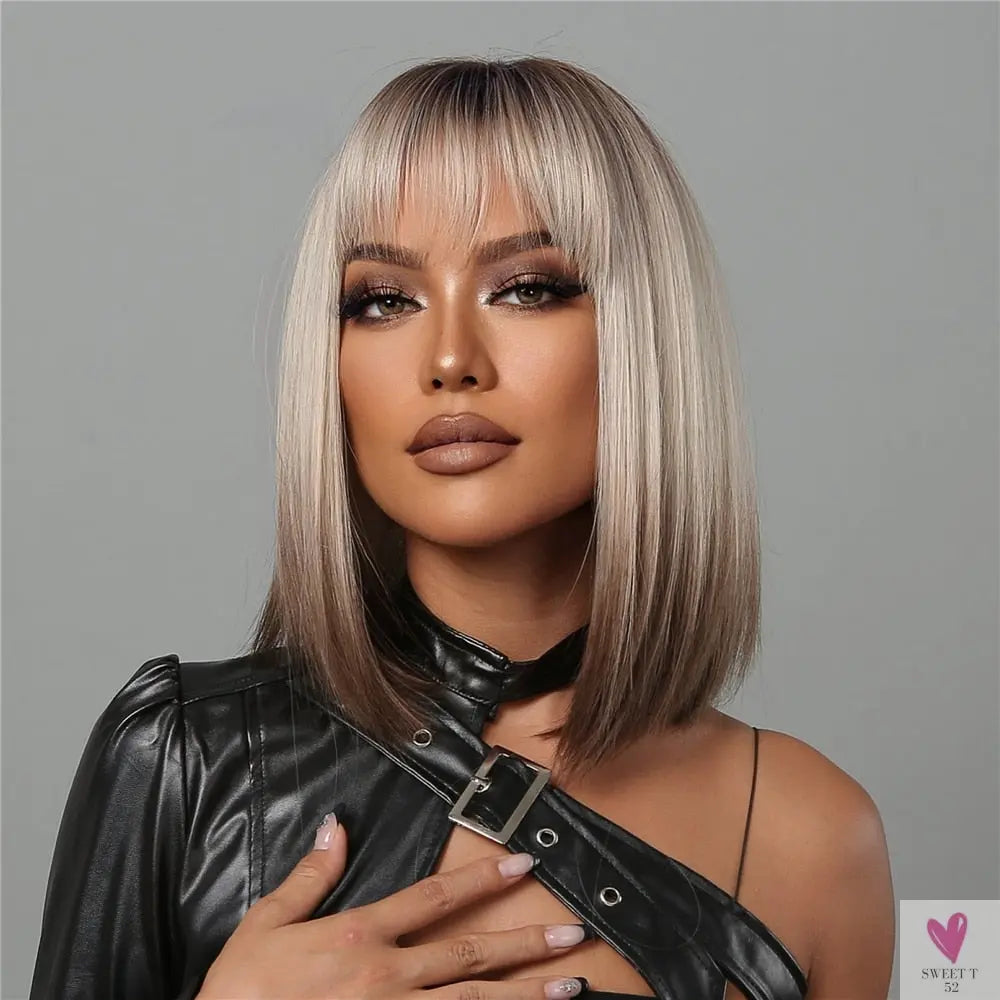 Short Straight Synthetic Wigs for Women & Girls - Blonde to Brown Ombre Bob Wigs with Bangs, Heat Resistant