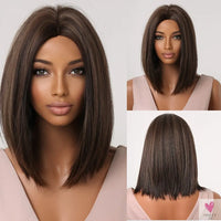 Short Straight Synthetic Wigs for Women & Girls - Blonde to Brown Ombre Bob Wigs with Bangs, Heat Resistant