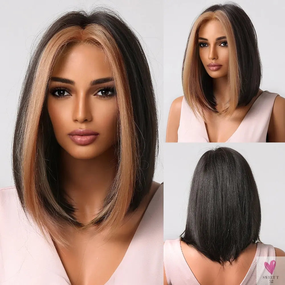 Short Straight Synthetic Wigs for Women & Girls - Blonde to Brown Ombre Bob Wigs with Bangs, Heat Resistant