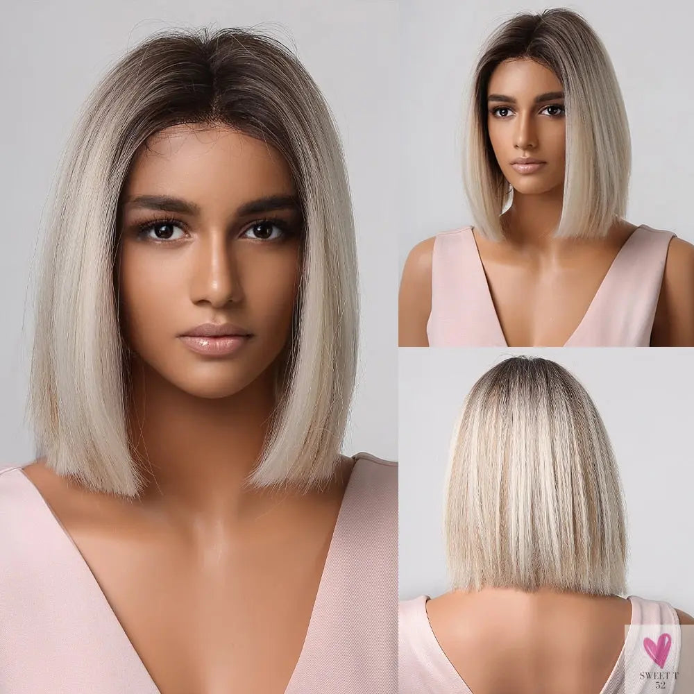 Short Straight Synthetic Wigs for Women & Girls - Blonde to Brown Ombre Bob Wigs with Bangs, Heat Resistant