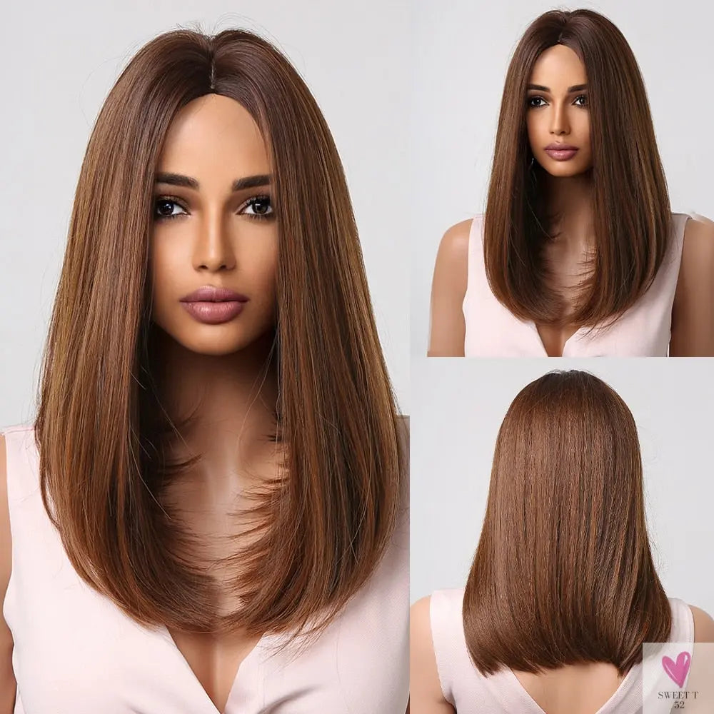 Short Straight Synthetic Wigs for Women & Girls - Blonde to Brown Ombre Bob Wigs with Bangs, Heat Resistant