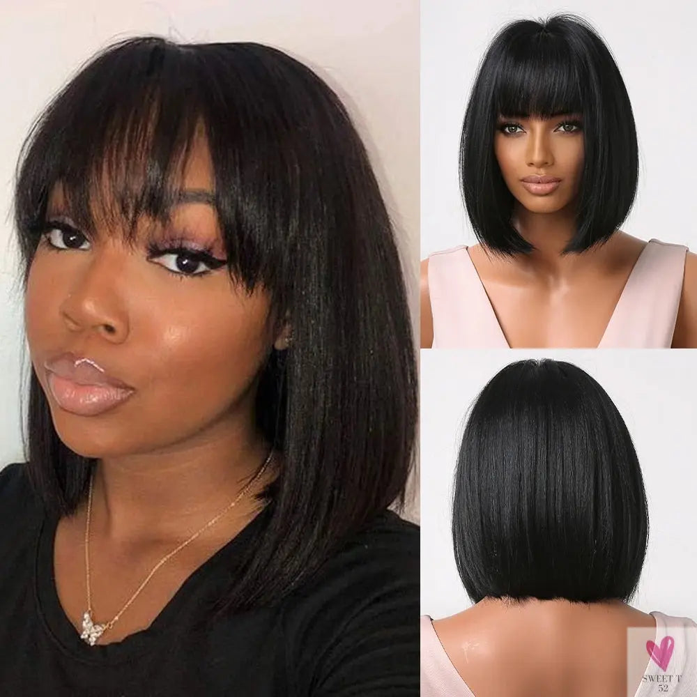 Short Straight Synthetic Wigs for Women & Girls - Blonde to Brown Ombre Bob Wigs with Bangs, Heat Resistant