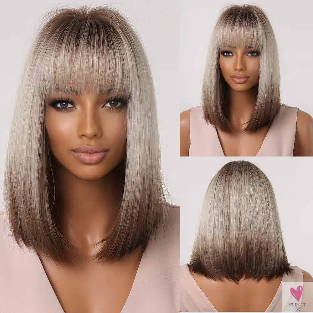 Short Straight Synthetic Wigs for Women & Girls - Blonde to Brown Ombre Bob Wigs with Bangs, Heat Resistant