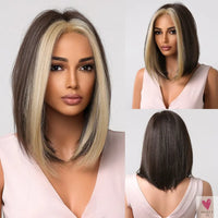 Short Straight Synthetic Wigs for Women & Girls - Blonde to Brown Ombre Bob Wigs with Bangs, Heat Resistant