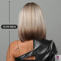 Short Straight Synthetic Wigs for Women & Girls - Blonde to Brown Ombre Bob Wigs with Bangs, Heat Resistant