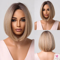Short Straight Synthetic Wigs for Women & Girls - Blonde to Brown Ombre Bob Wigs with Bangs, Heat Resistant
