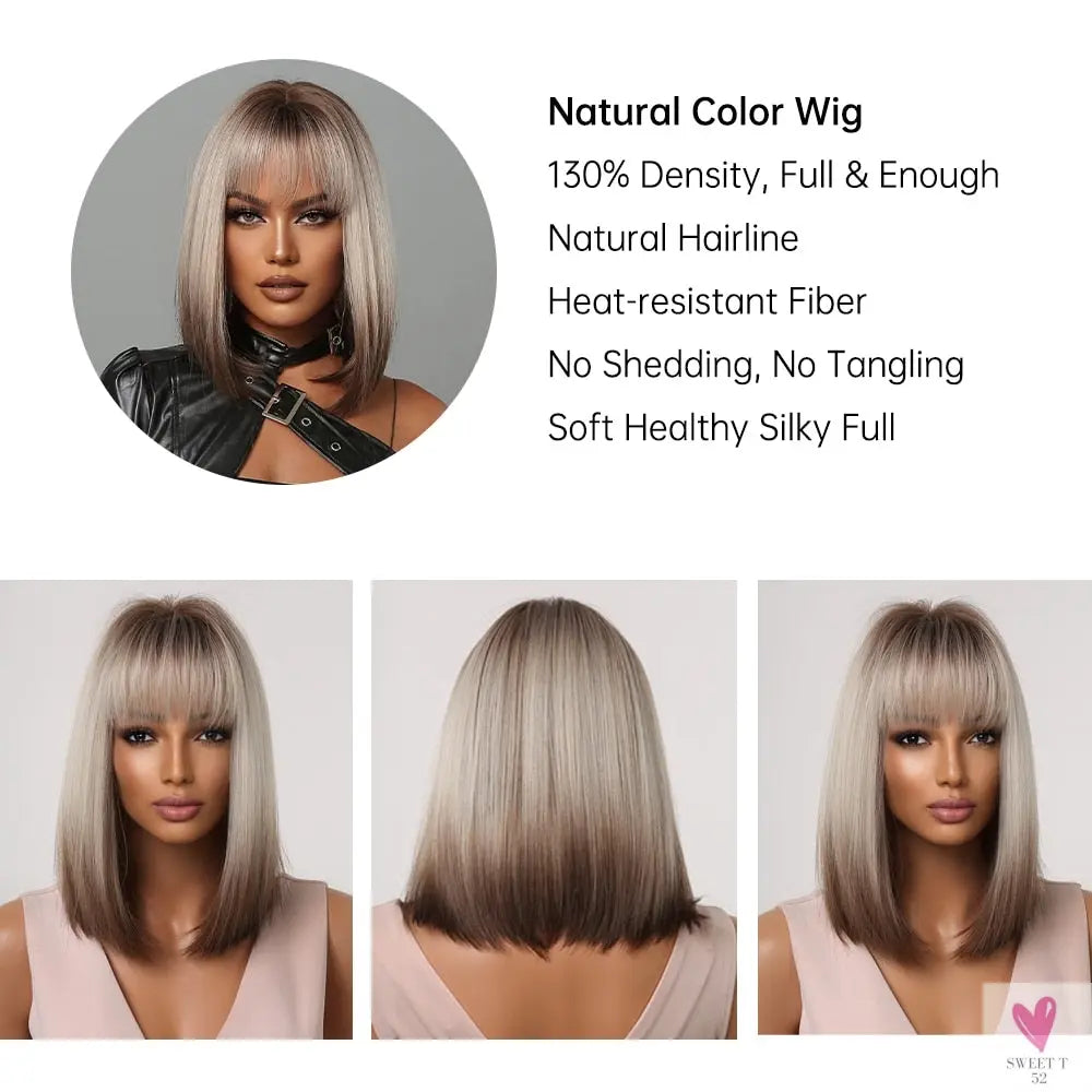 Short Straight Synthetic Wigs for Women & Girls - Blonde to Brown Ombre Bob Wigs with Bangs, Heat Resistant