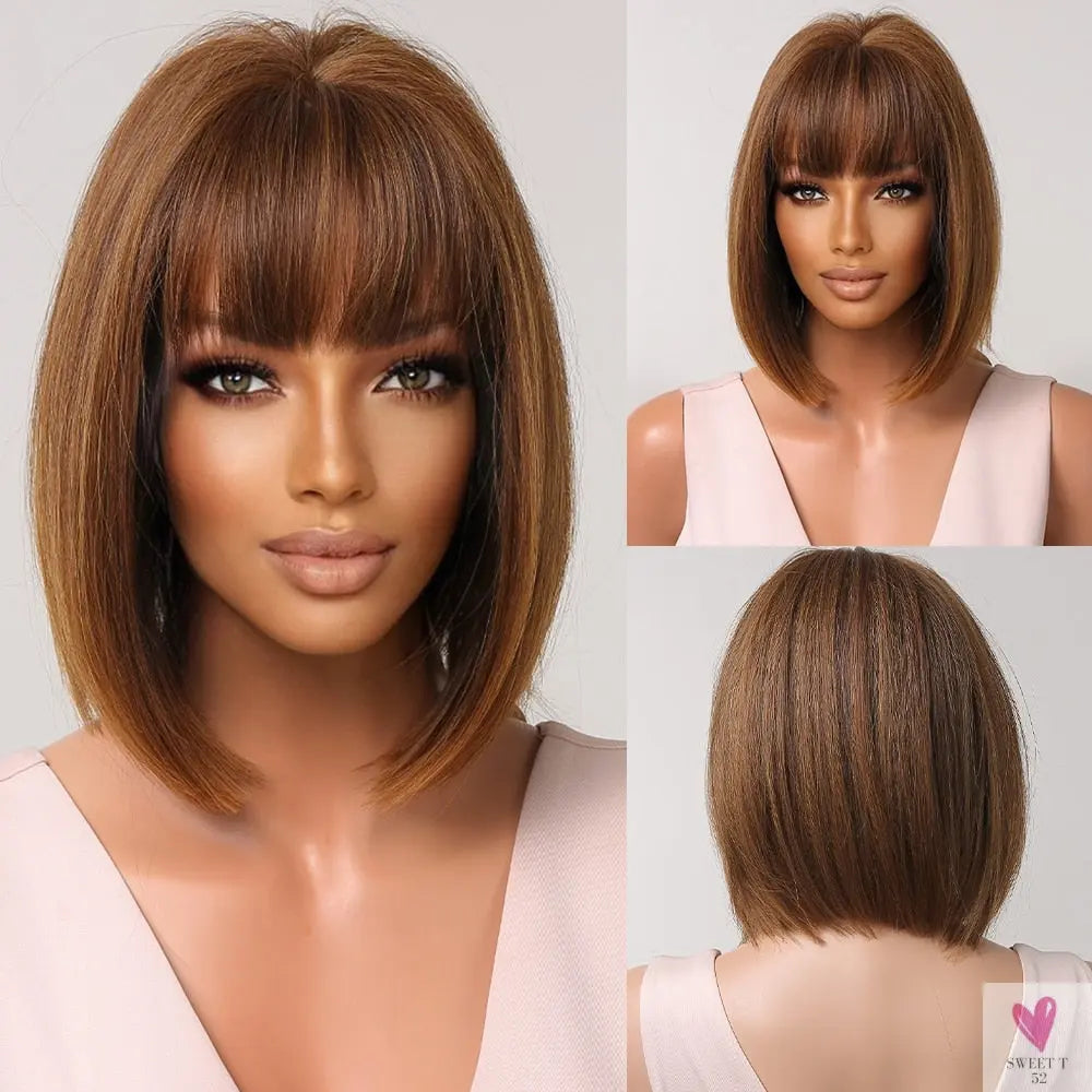 Short Straight Synthetic Wigs for Women & Girls - Blonde to Brown Ombre Bob Wigs with Bangs, Heat Resistant