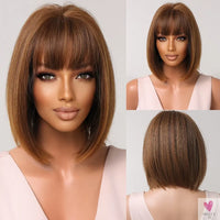 Short Straight Synthetic Wigs for Women & Girls - Blonde to Brown Ombre Bob Wigs with Bangs, Heat Resistant