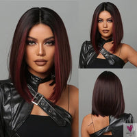 Short Straight Synthetic Wigs for Women & Girls - Blonde to Brown Ombre Bob Wigs with Bangs, Heat Resistant