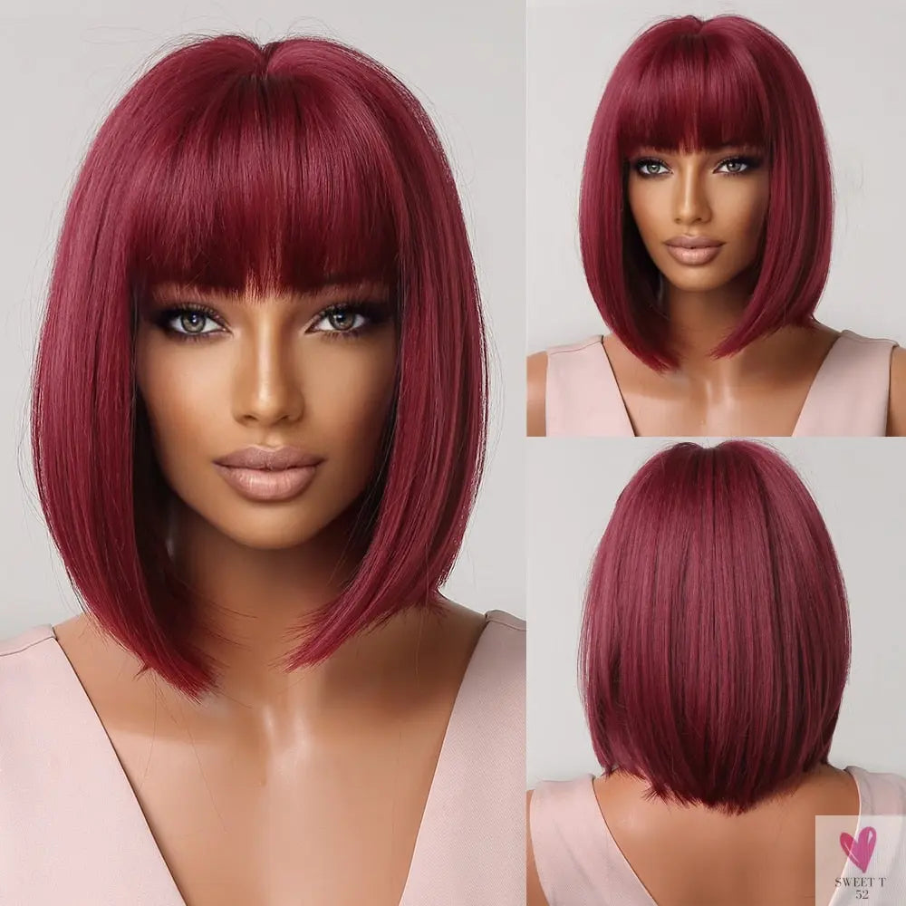 Short Straight Synthetic Wigs for Women & Girls - Blonde to Brown Ombre Bob Wigs with Bangs, Heat Resistant