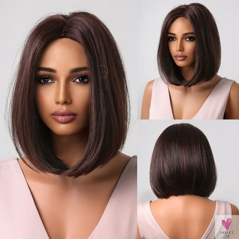 Short Straight Synthetic Wigs for Women & Girls - Blonde to Brown Ombre Bob Wigs with Bangs, Heat Resistant