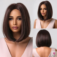 Short Straight Synthetic Wigs for Women & Girls - Blonde to Brown Ombre Bob Wigs with Bangs, Heat Resistant