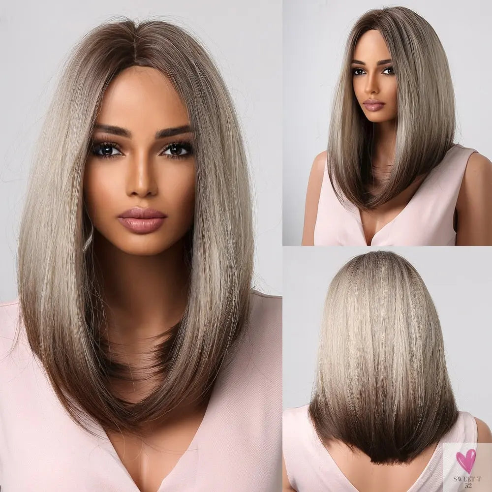 Short Straight Synthetic Wigs for Women & Girls - Blonde to Brown Ombre Bob Wigs with Bangs, Heat Resistant