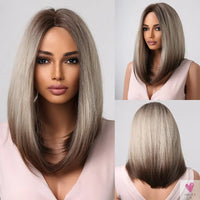 Short Straight Synthetic Wigs for Women & Girls - Blonde to Brown Ombre Bob Wigs with Bangs, Heat Resistant