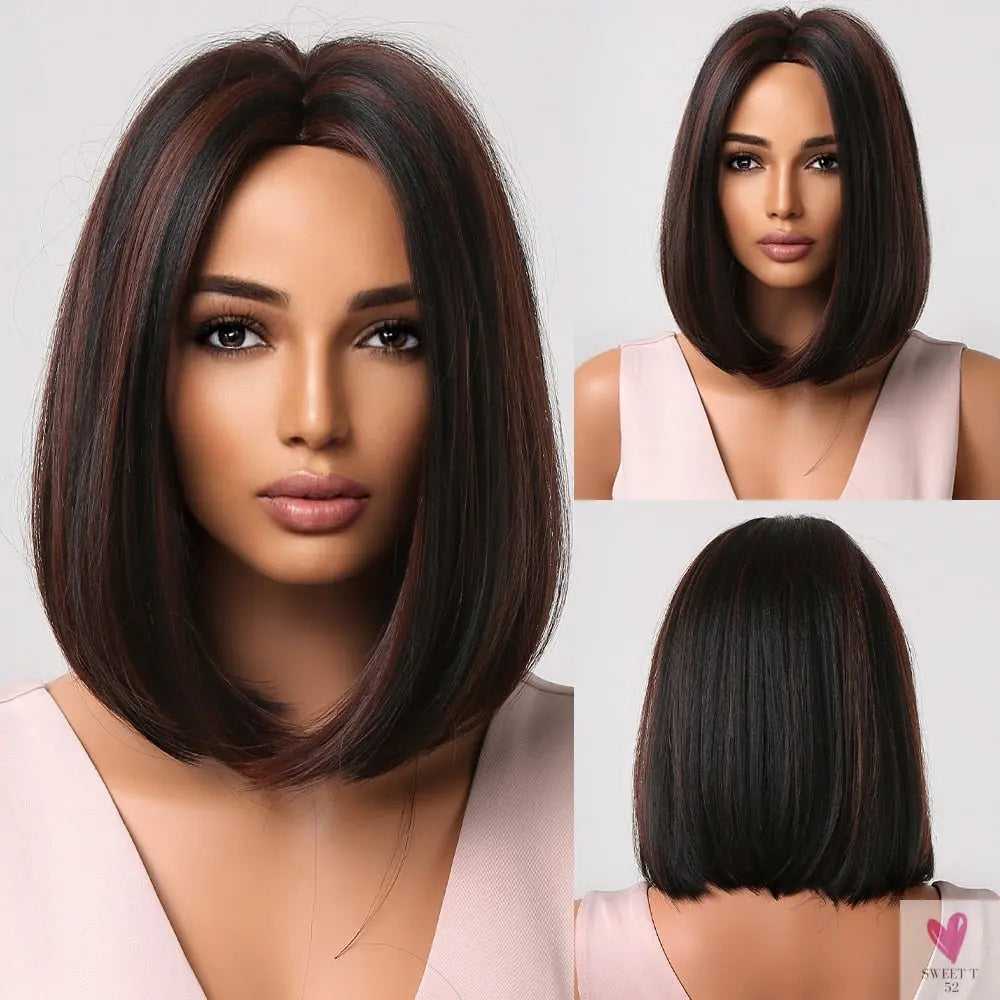 Short Straight Synthetic Wigs for Women & Girls - Blonde to Brown Ombre Bob Wigs with Bangs, Heat Resistant
