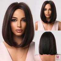 Short Straight Synthetic Wigs for Women & Girls - Blonde to Brown Ombre Bob Wigs with Bangs, Heat Resistant