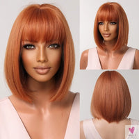 Short Straight Synthetic Wigs for Women & Girls - Blonde to Brown Ombre Bob Wigs with Bangs, Heat Resistant