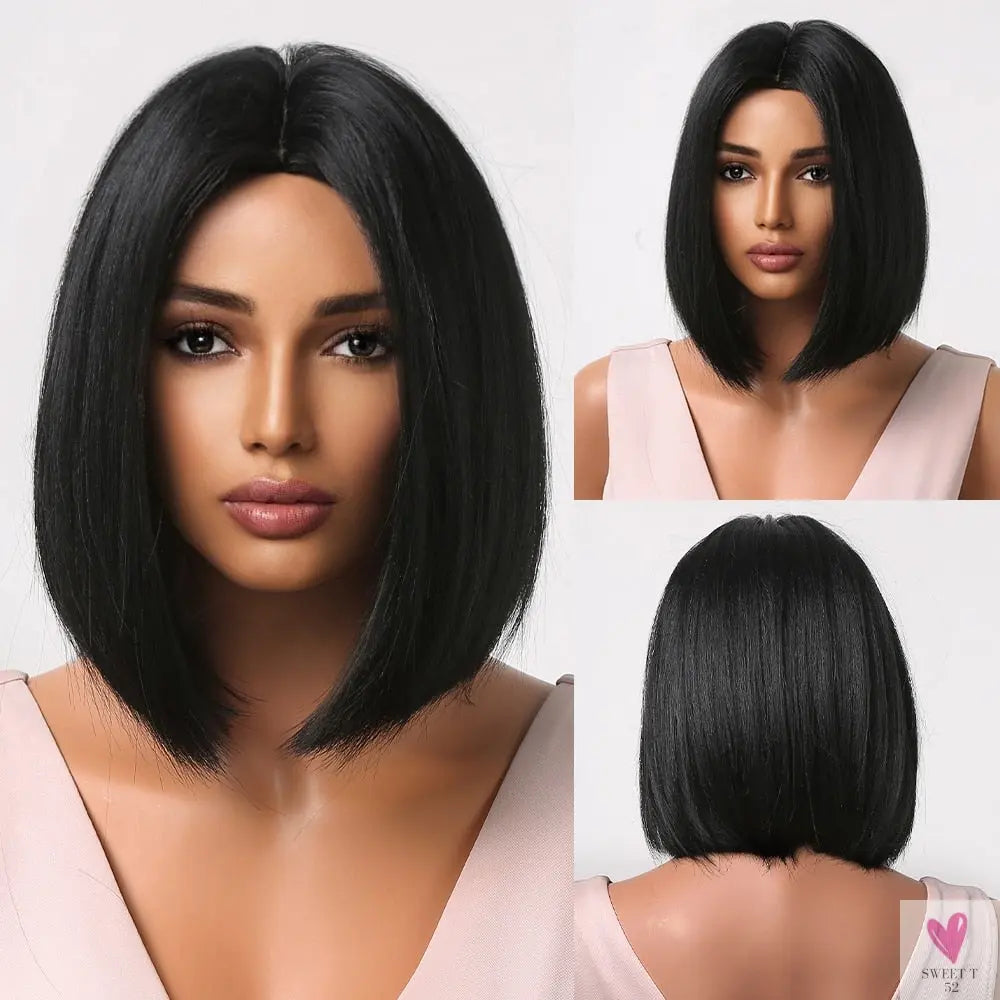 Short Straight Synthetic Wigs for Women & Girls - Blonde to Brown Ombre Bob Wigs with Bangs, Heat Resistant