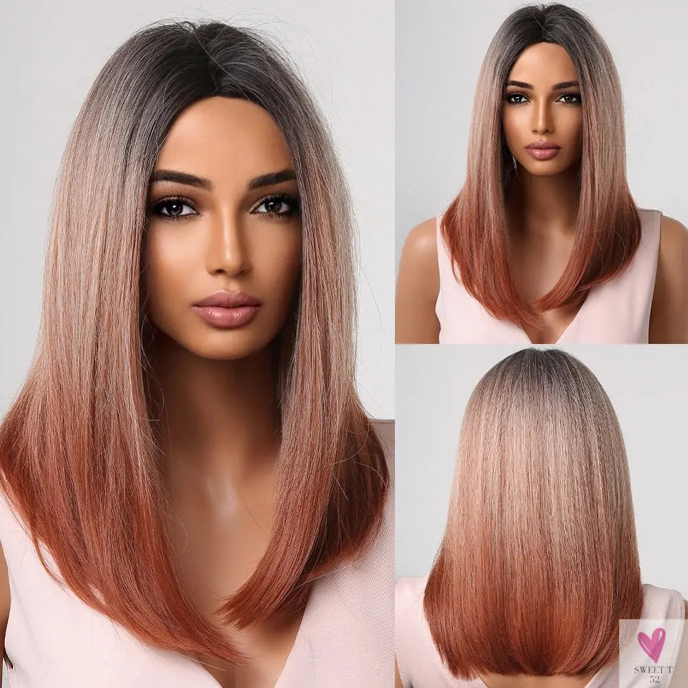 Short Straight Synthetic Wigs for Women & Girls - Blonde to Brown Ombre Bob Wigs with Bangs, Heat Resistant