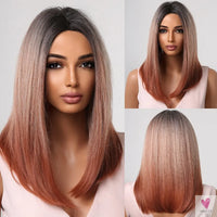 Short Straight Synthetic Wigs for Women & Girls - Blonde to Brown Ombre Bob Wigs with Bangs, Heat Resistant