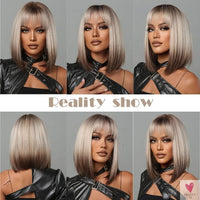 Short Straight Synthetic Wigs for Women & Girls - Blonde to Brown Ombre Bob Wigs with Bangs, Heat Resistant