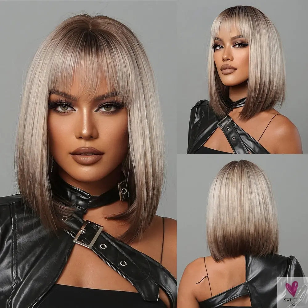 Short Straight Synthetic Wigs for Women & Girls - Blonde to Brown Ombre Bob Wigs with Bangs, Heat Resistant