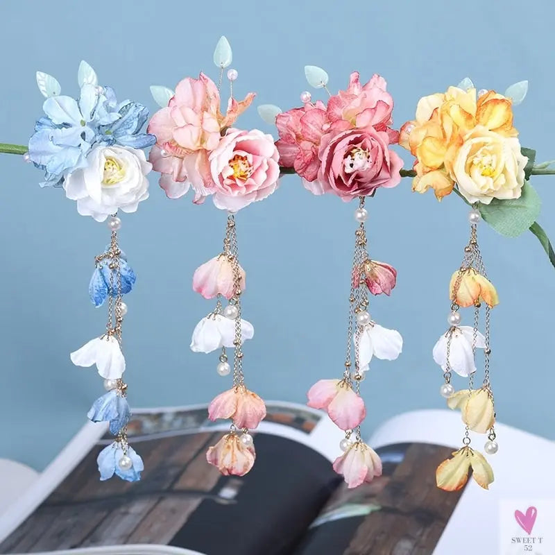 Silk Flower Hairpins/Clips - Fairy Floral Hair Pins/Barrettes for Women Girls, Retro Chinese Pendant Jewelry